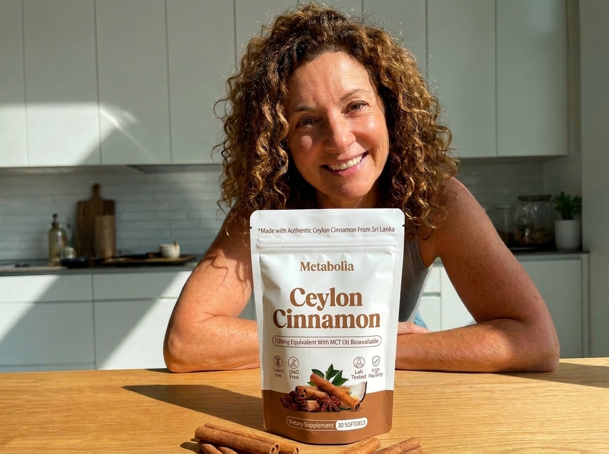 Donna che tiene in mano una confezione di Metabolia Cannella di Ceylon in cucina