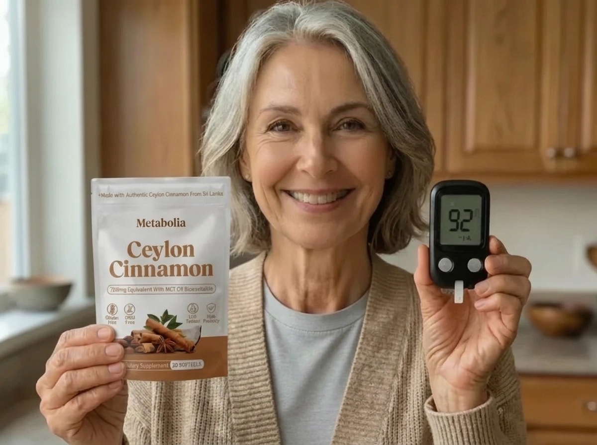 Donna che tiene in mano la confezione di Cannella di Ceylon Metabolia e un misuratore di glicemia