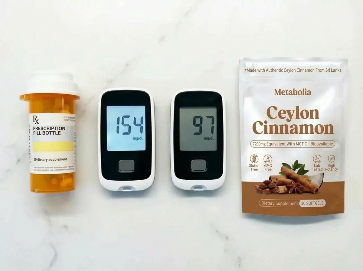 Flacone di farmaci da prescrizione e due misuratori di glicemia accanto alla confezione di Cannella di Ceylon Metabolia